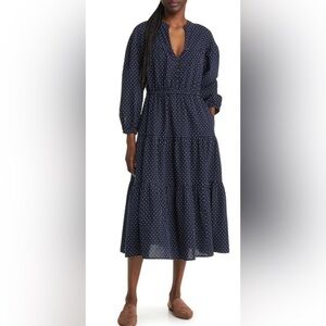Madewell Long Sleeve Dobby V-Neck Tiered Midi Dress Navy + White